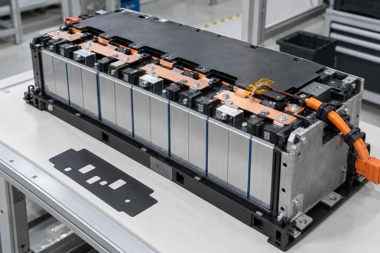 Battery module assembly with exposed cells, busbars and localized amber insulation