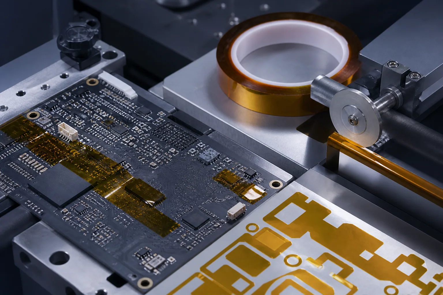Conceptual electronics converting scene with polyimide film and circuit components