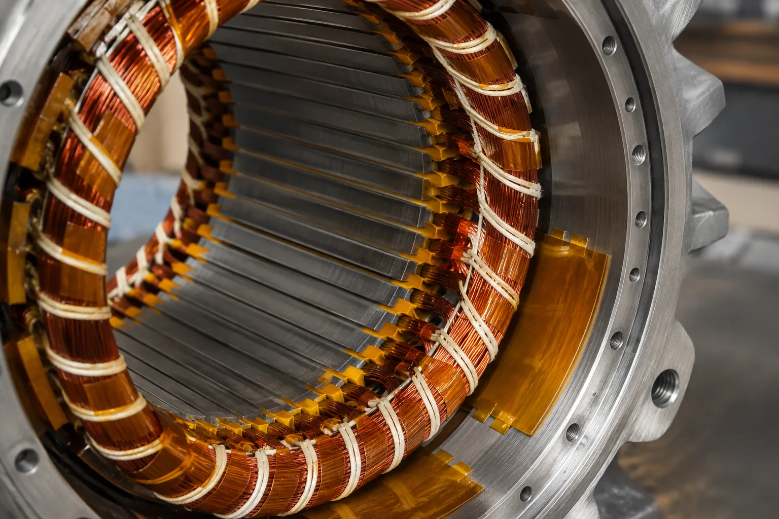 Industrial motor stator with amber polyimide insulation visible around copper windings