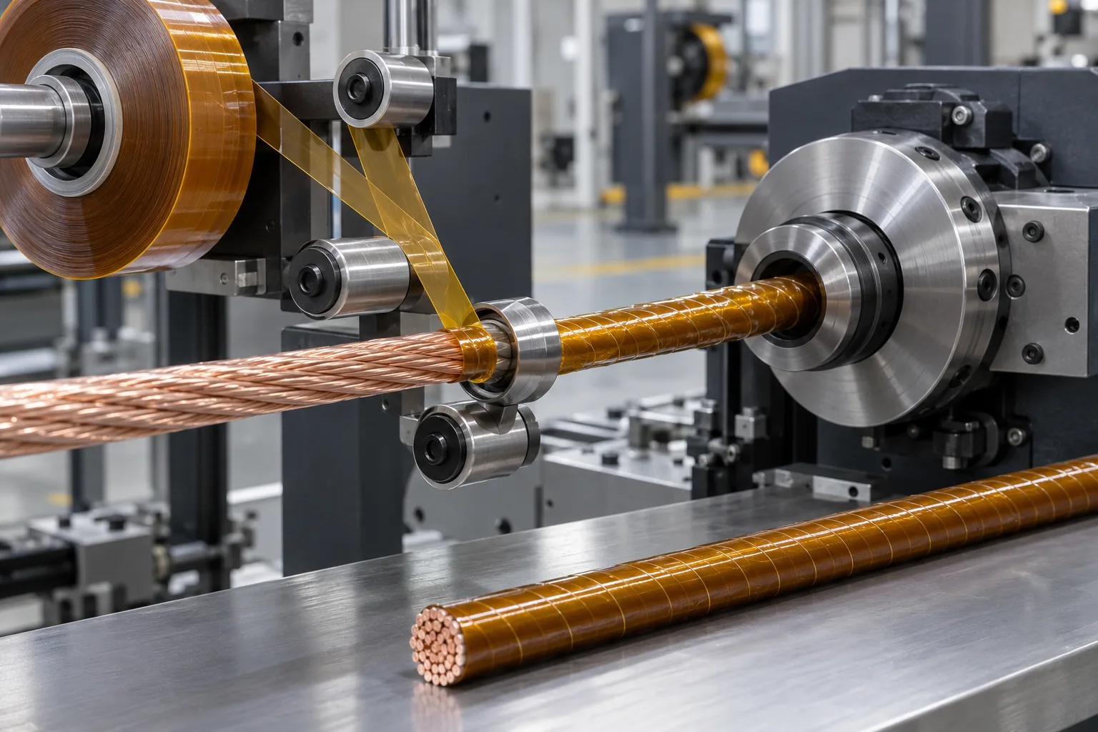 Industrial line applying amber polyimide film in a spiral wrap around a stranded conductor
