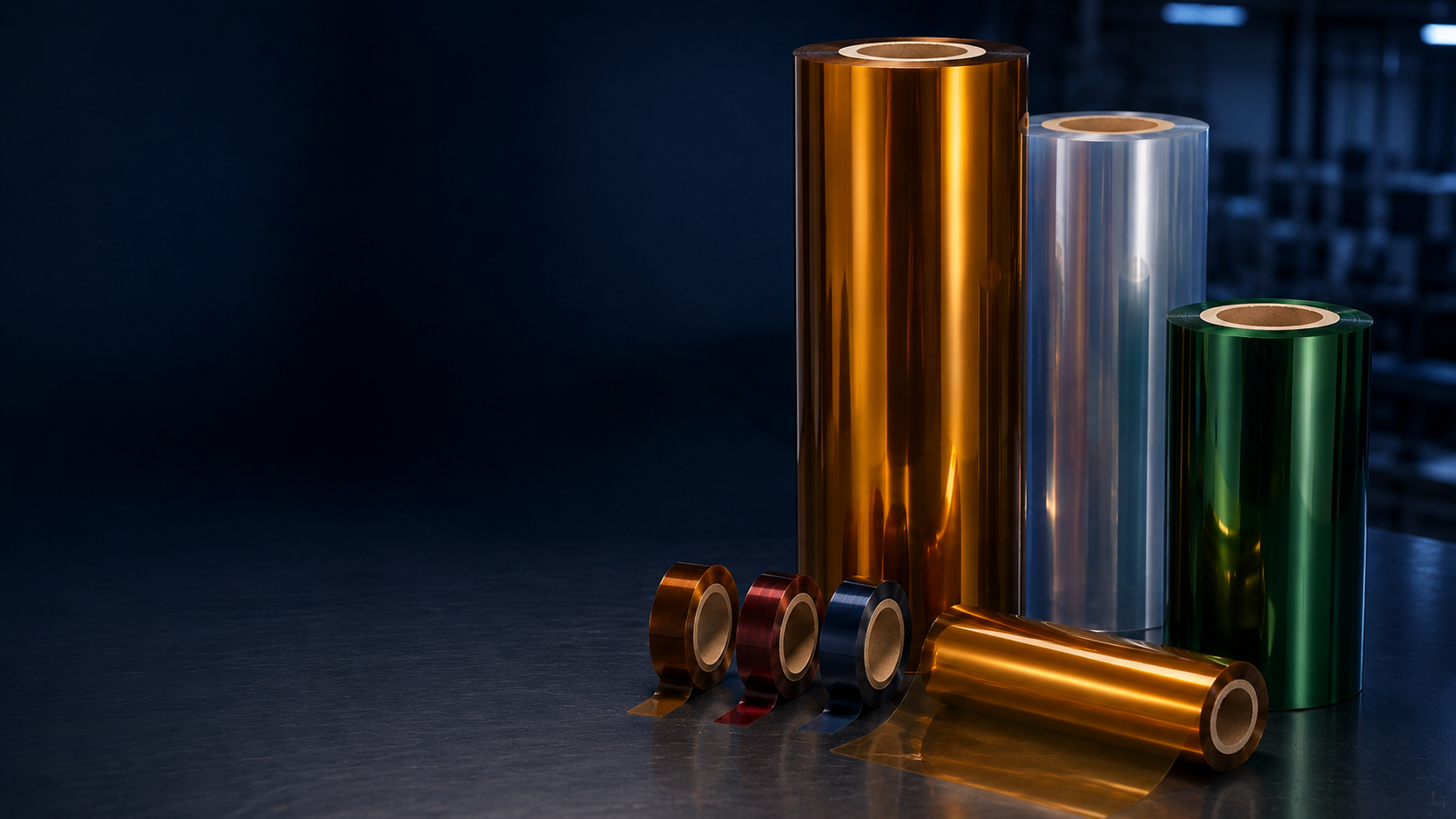 Specialty amber, clear and green film rolls with narrow adhesive tape rolls