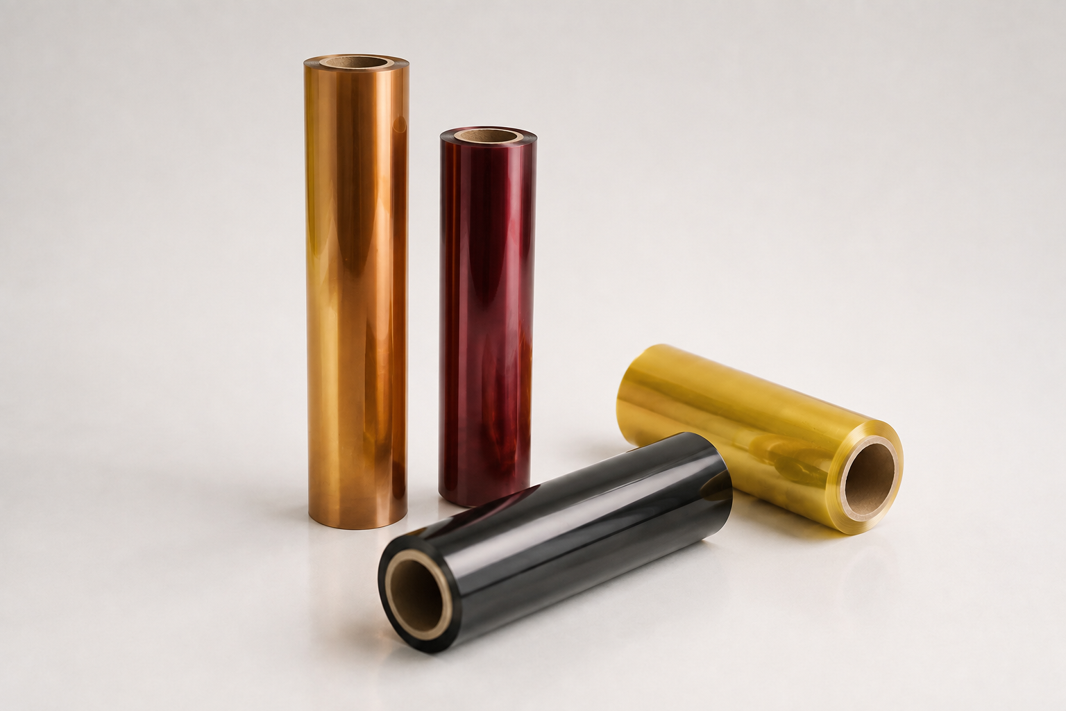 Amber, red, yellow and black polyimide film rolls in varied formats