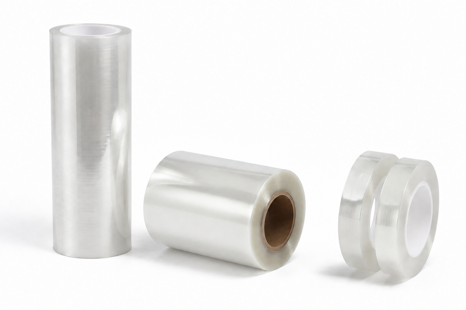 Transparent polyester heat-shrink film in master and slit rolls