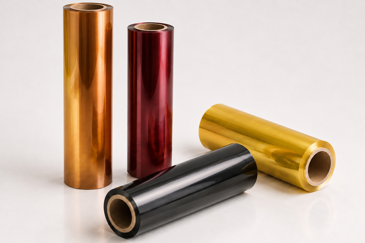 Polyimide film rolls in amber, red, yellow and dark finishes
