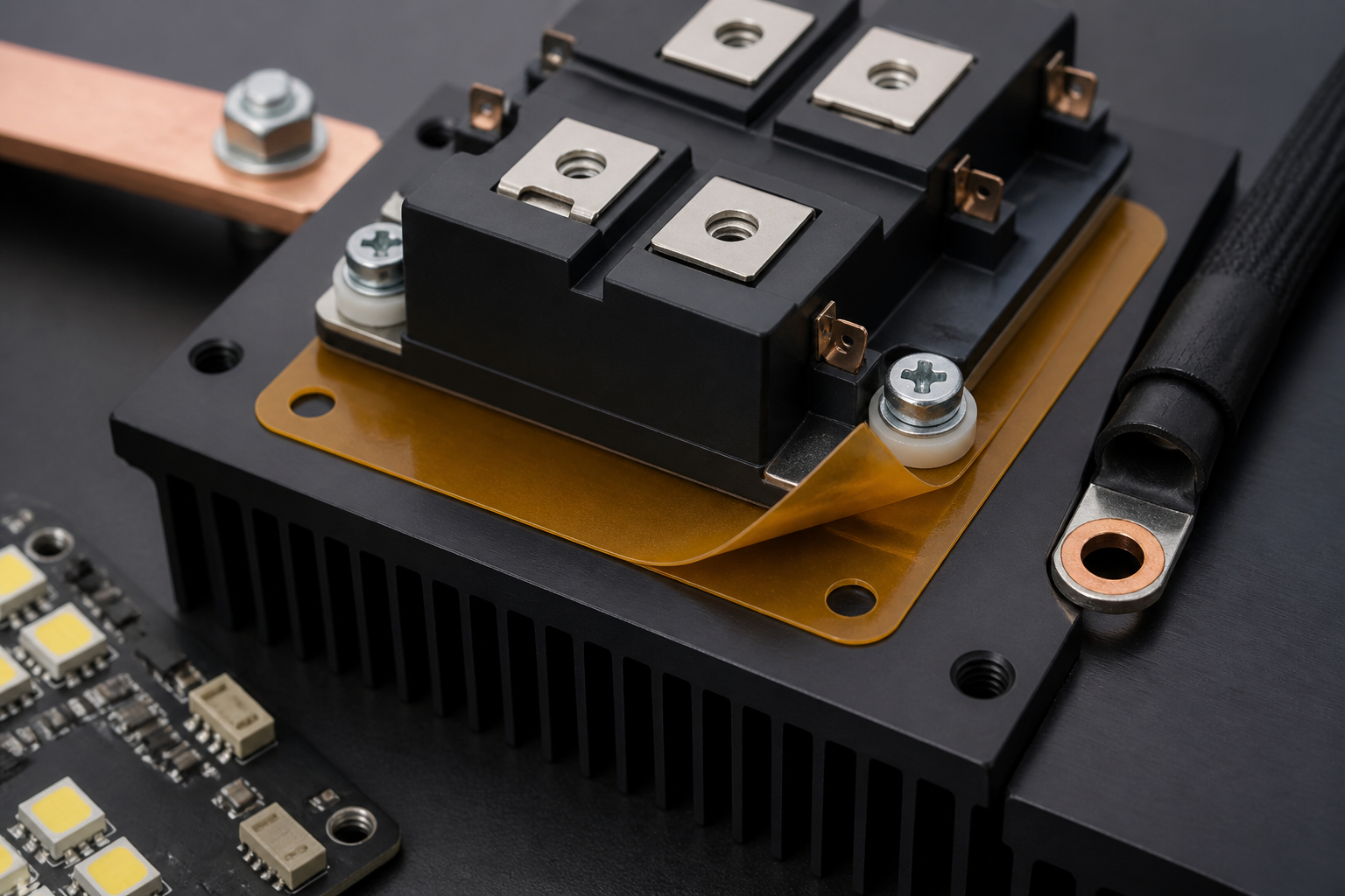 Application visualization of a power module over polyimide film and a metal heat sink