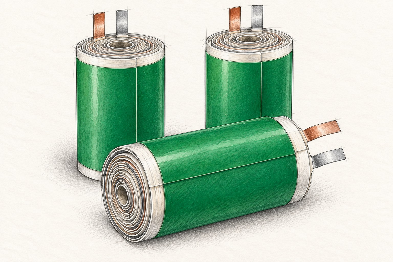 Green polyester acrylic tape securing battery cell winding termination