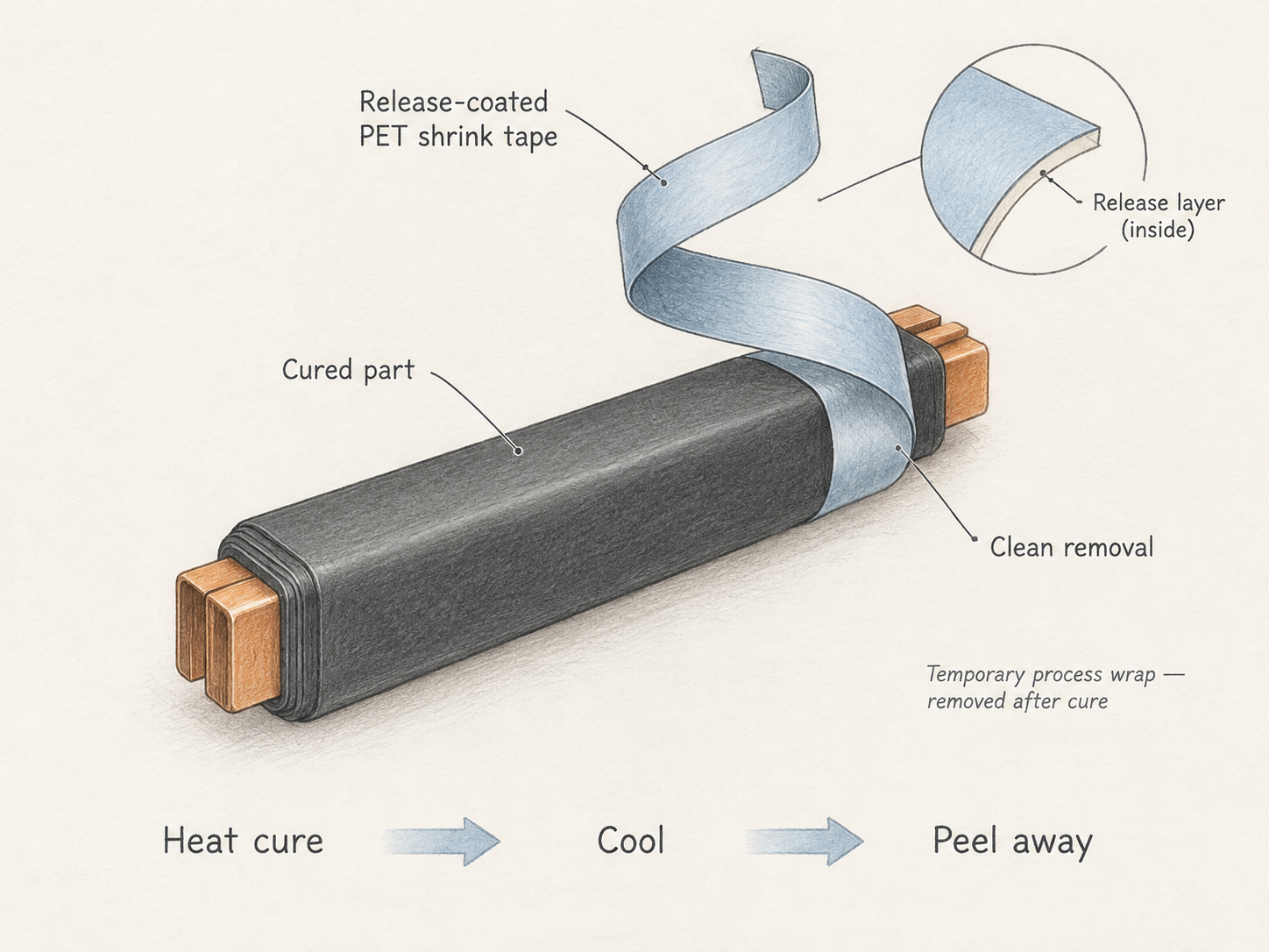 Release-coated polyester heat-shrink tape peeled from a cured part after cooling