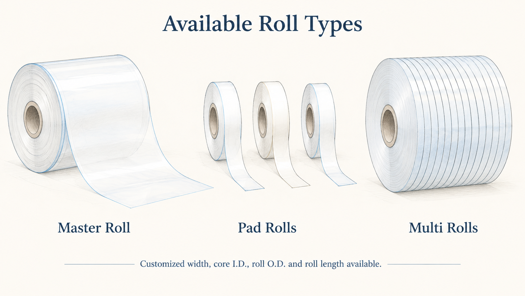 Available polyester heat-shrink film roll types: master roll, pad rolls and multi rolls