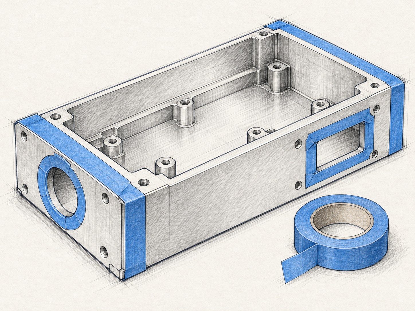 Blue polyester silicone tape masking edges and openings on a metal housing