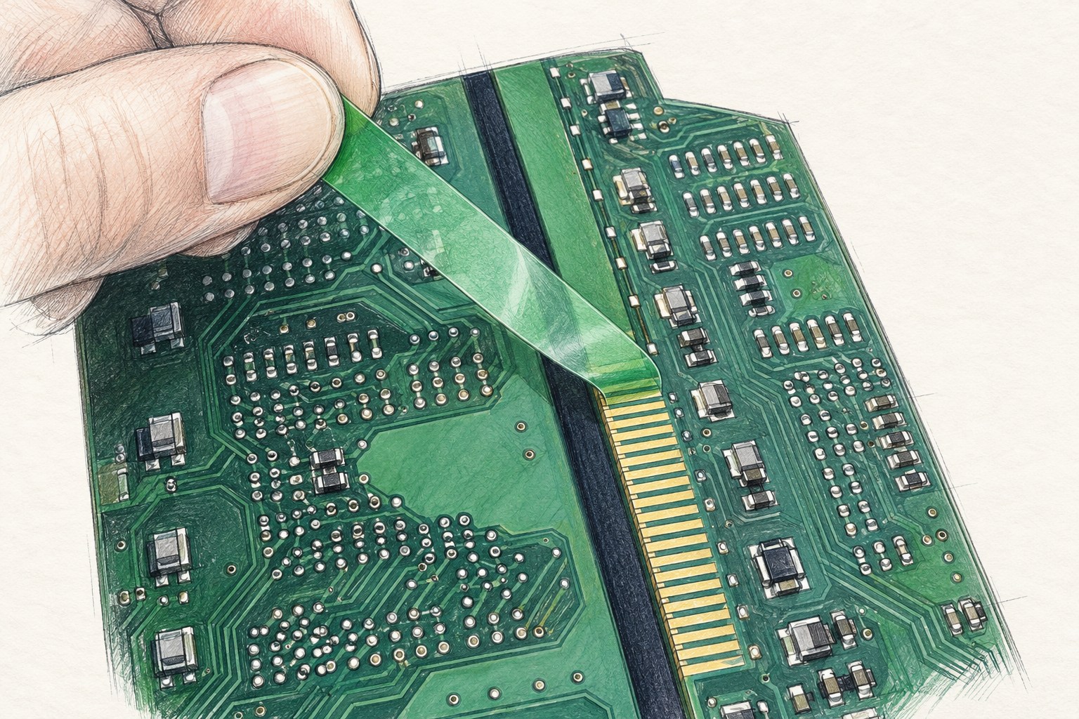 Green polyester silicone tape masking a PCB contact area