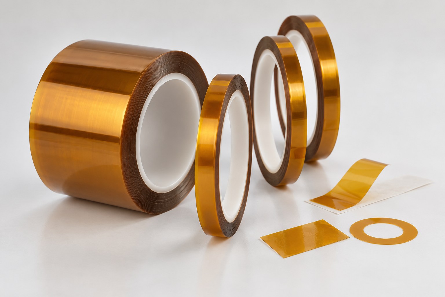 Polyimide acrylic adhesive tape rolls and converted parts