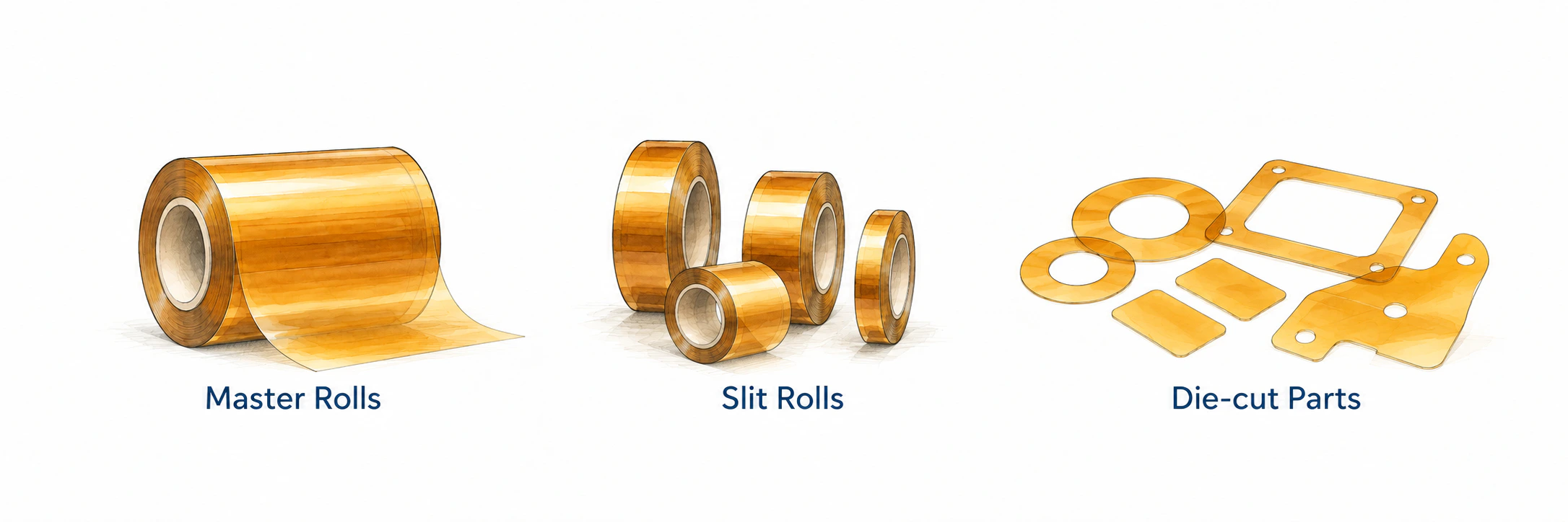 Available forms of enhanced-performance polyimide film: master rolls, slit rolls and die-cut parts