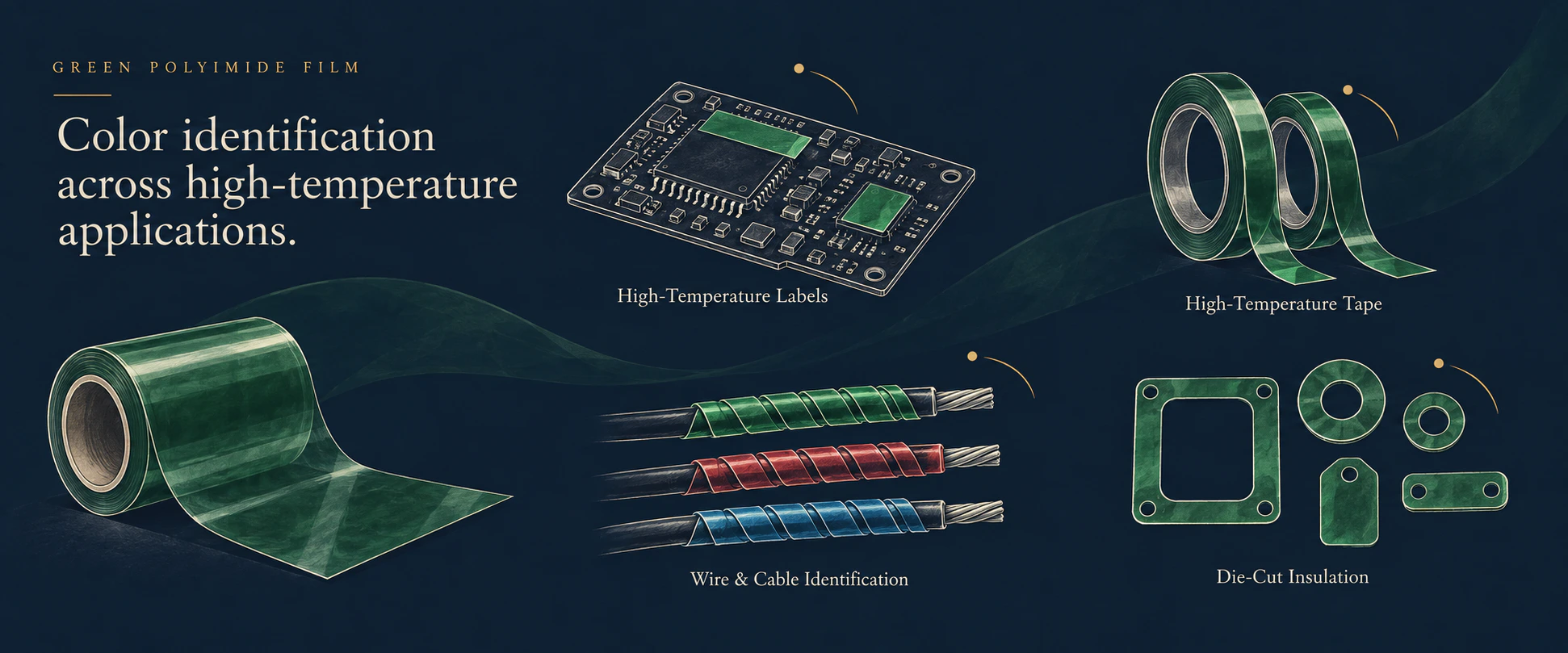 Green polyimide film applications: high-temperature labels, high-temperature tape, wire and cable identification and die-cut insulation