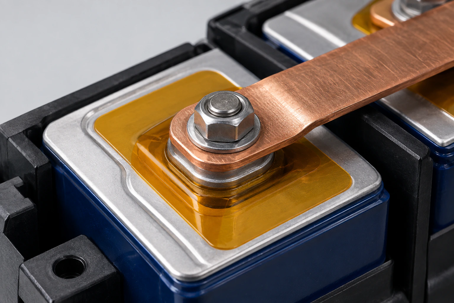 Amber die-cut polyimide silicone tape insulating a battery tab area