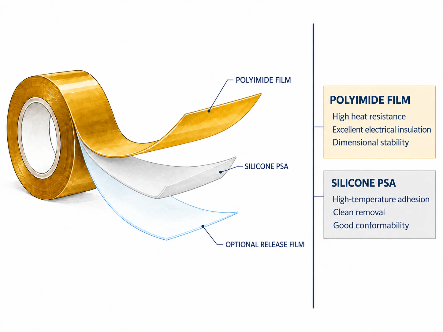 Exploded construction of polyimide silicone adhesive tape showing polyimide film, silicone PSA and optional release film