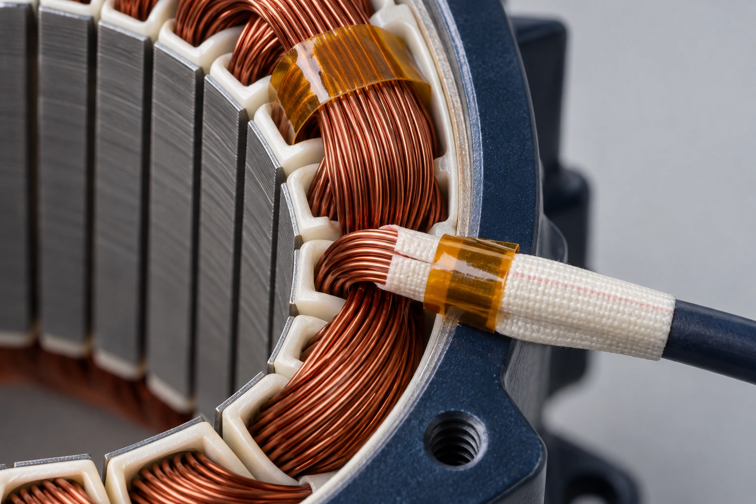 Amber polyimide silicone tape used at a selected motor coil and lead area