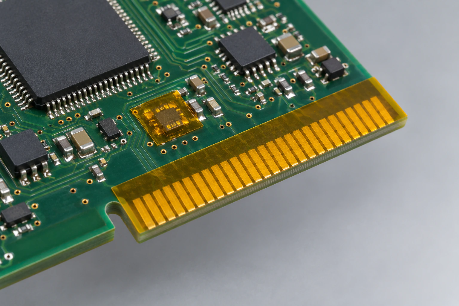 Amber polyimide silicone tape masking selected areas of a printed circuit board