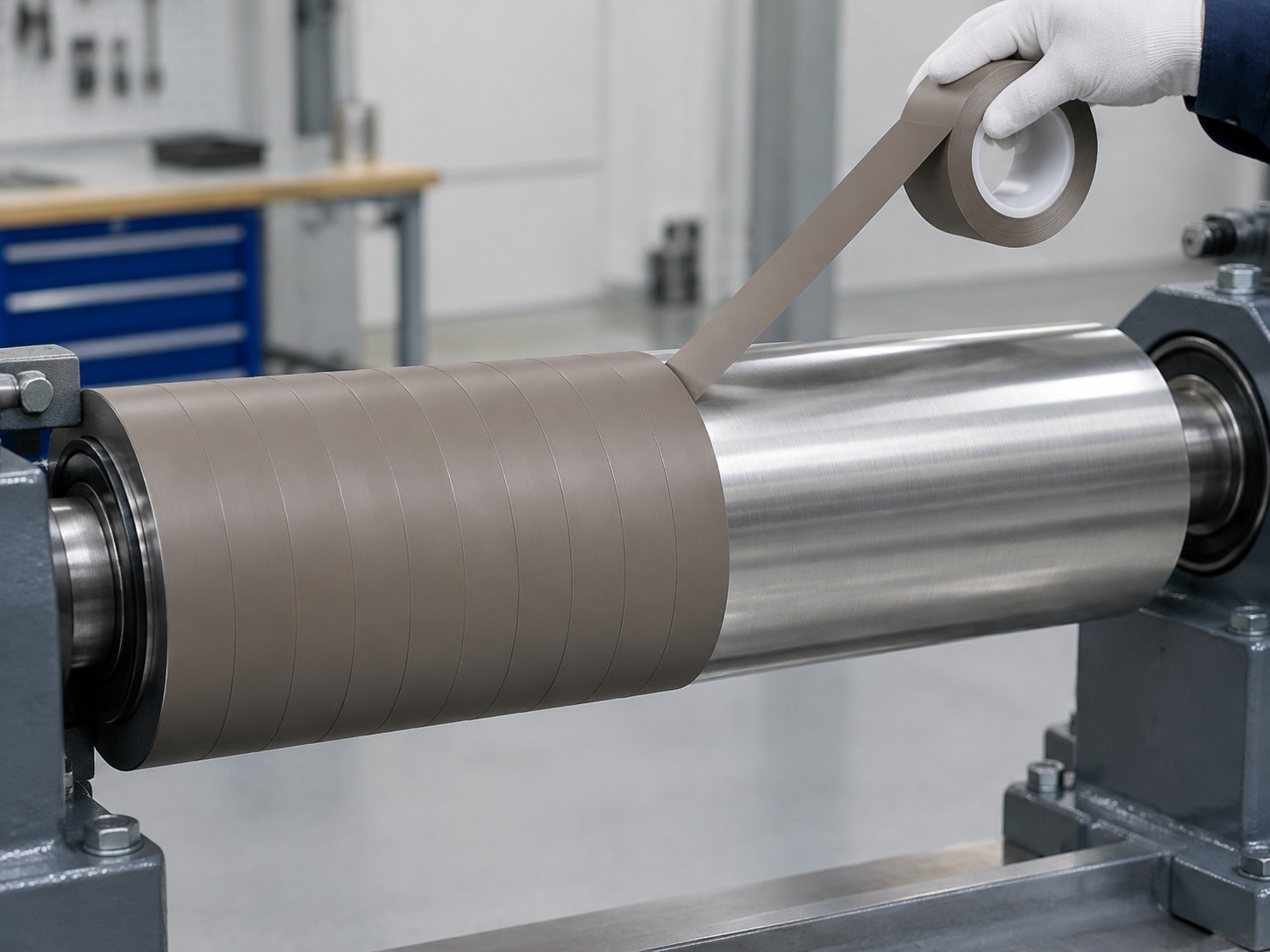 PTFE film tape covering a web-processing roller surface