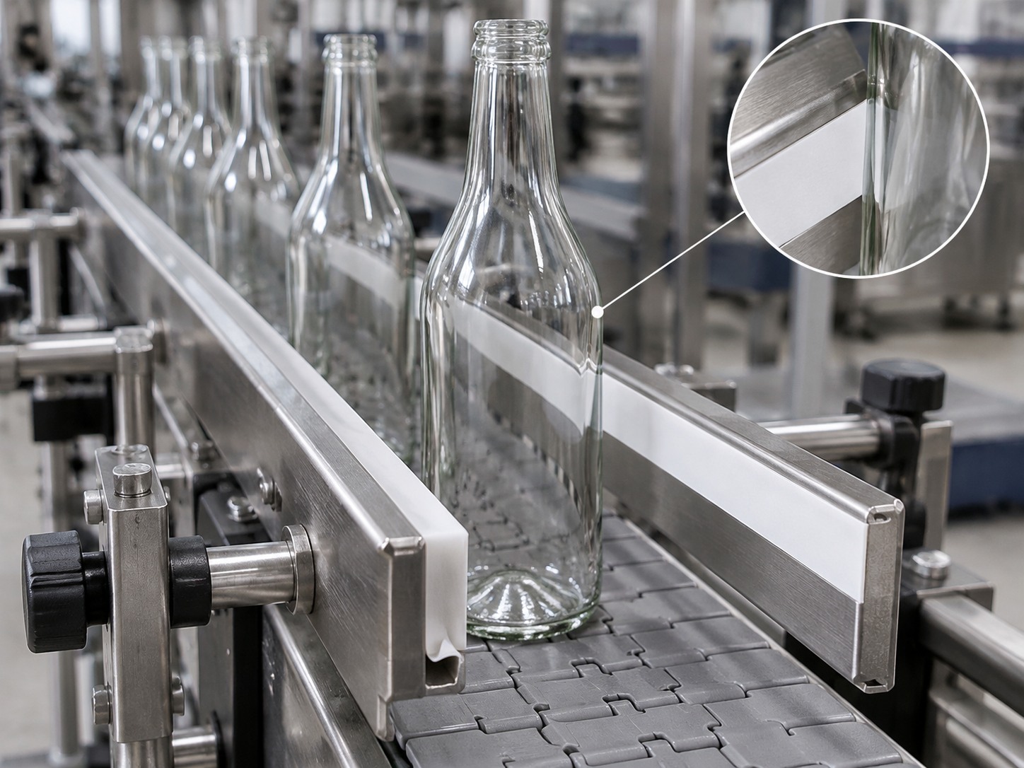White PTFE film tape on bottle and can conveyor guide surfaces