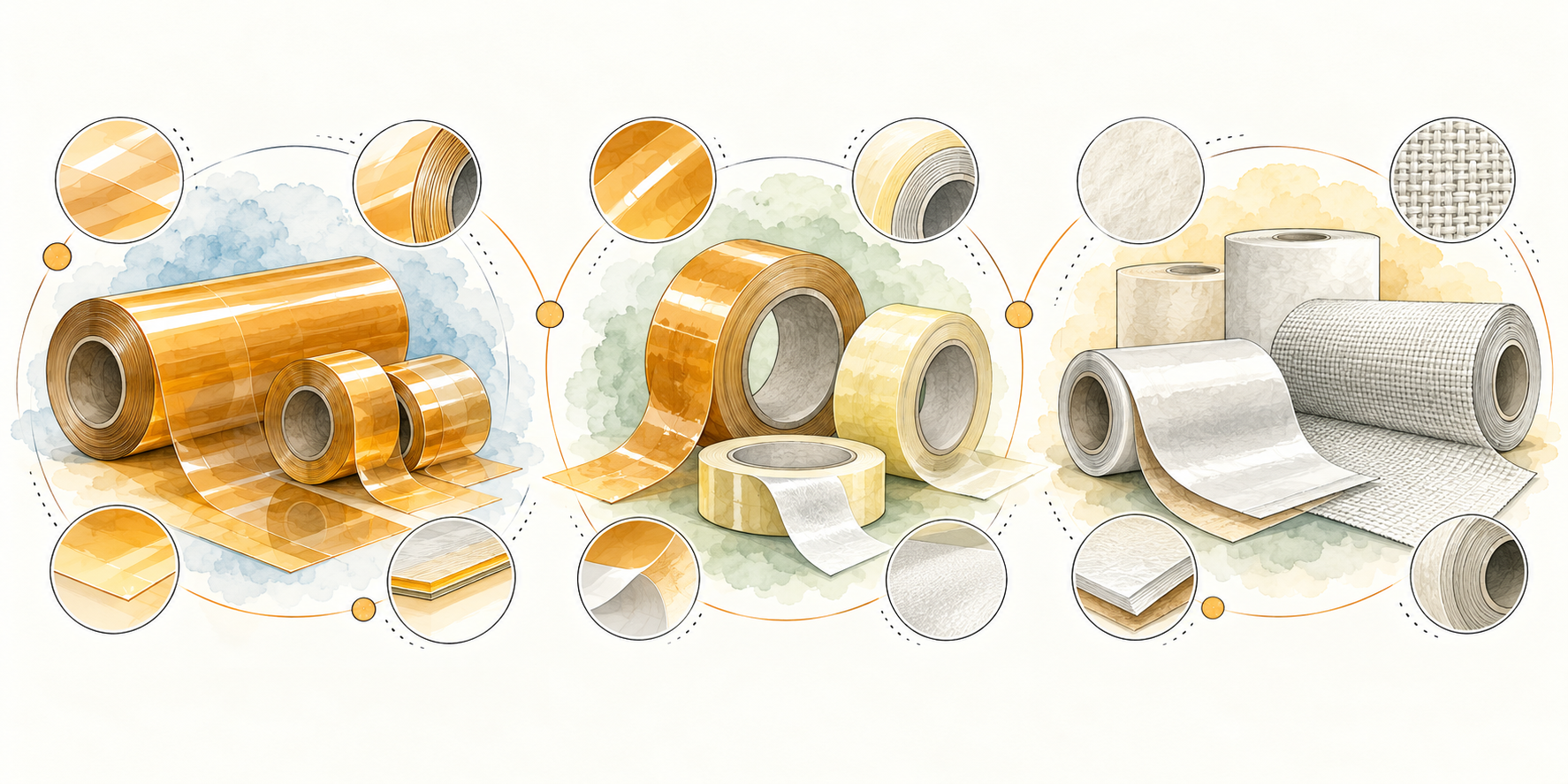 Watercolor comparison of high-performance films, adhesive tapes and electrical insulation materials with detail callouts
